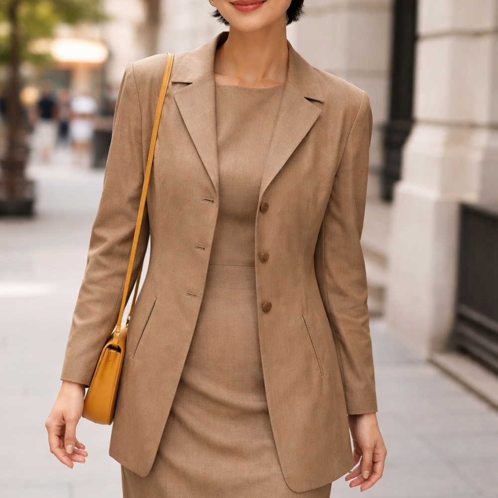 Women's Tailored Tan Blazer Jacket With Matching Dress And Pants